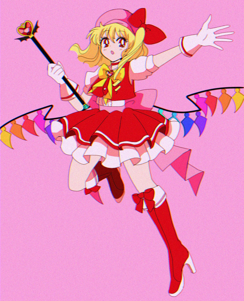 1990s_(style) 1girl blonde_hair boots bow cardcaptor_sakura crystal dress eyebrows_visible_through_hair film_grain flandre_scarlet footwear_bow frilled_skirt frills gem gloves hanadi_detazo hat high_heel_boots high_heels highres magical_girl mob_cap open_mouth puffy_short_sleeves puffy_sleeves red_bow red_eyes red_skirt red_vest retro_artstyle ribbon shirt short_hair short_sleeves side_ponytail simple_background skirt solo staff touhou translation_request vest white_gloves white_shirt wings yellow_bow yellow_neckwear
