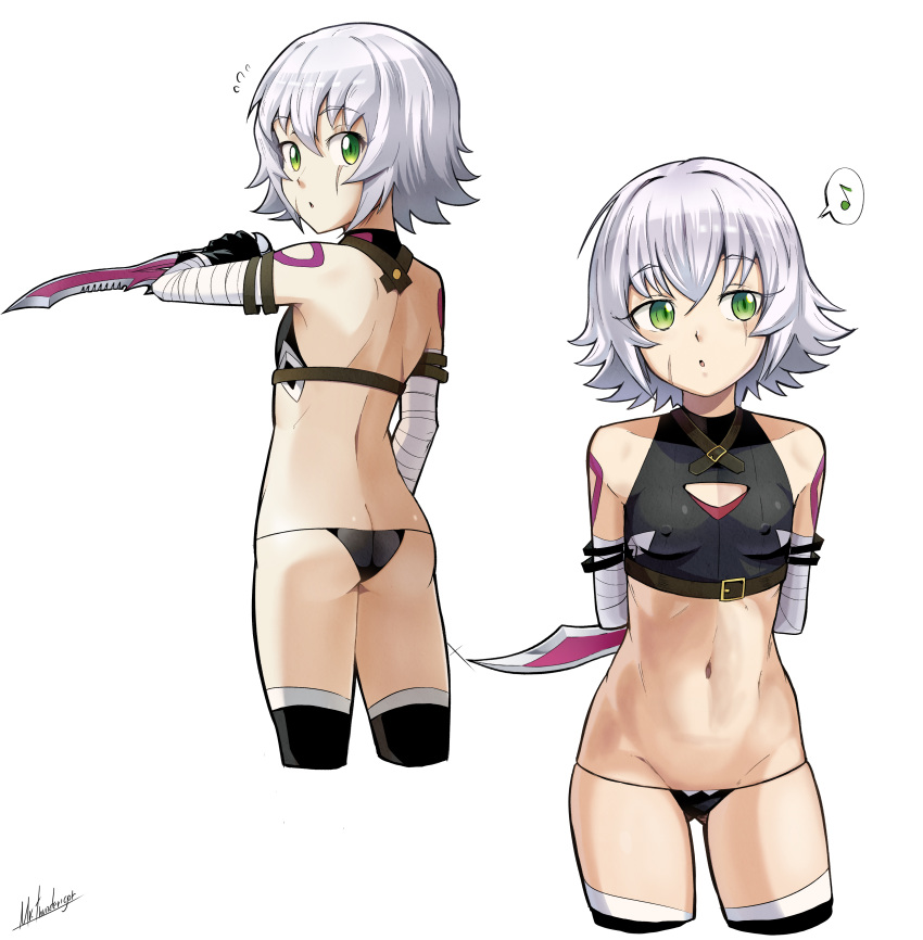 2girls absurdres arms_behind_back ass bare_shoulders black_legwear breasts butt_crack cleavage_cutout clothing_cutout covered_nipples cowboy_shot cropped_legs fate/apocrypha fate/grand_order fate_(series) from_behind green_eyes grey_hair highres jack_the_ripper_(fate/apocrypha) looking_at_viewer looking_back mr.thunderigor multiple_girls navel scar scar_across_eye signature simple_background small_breasts standing thigh-highs white_background
