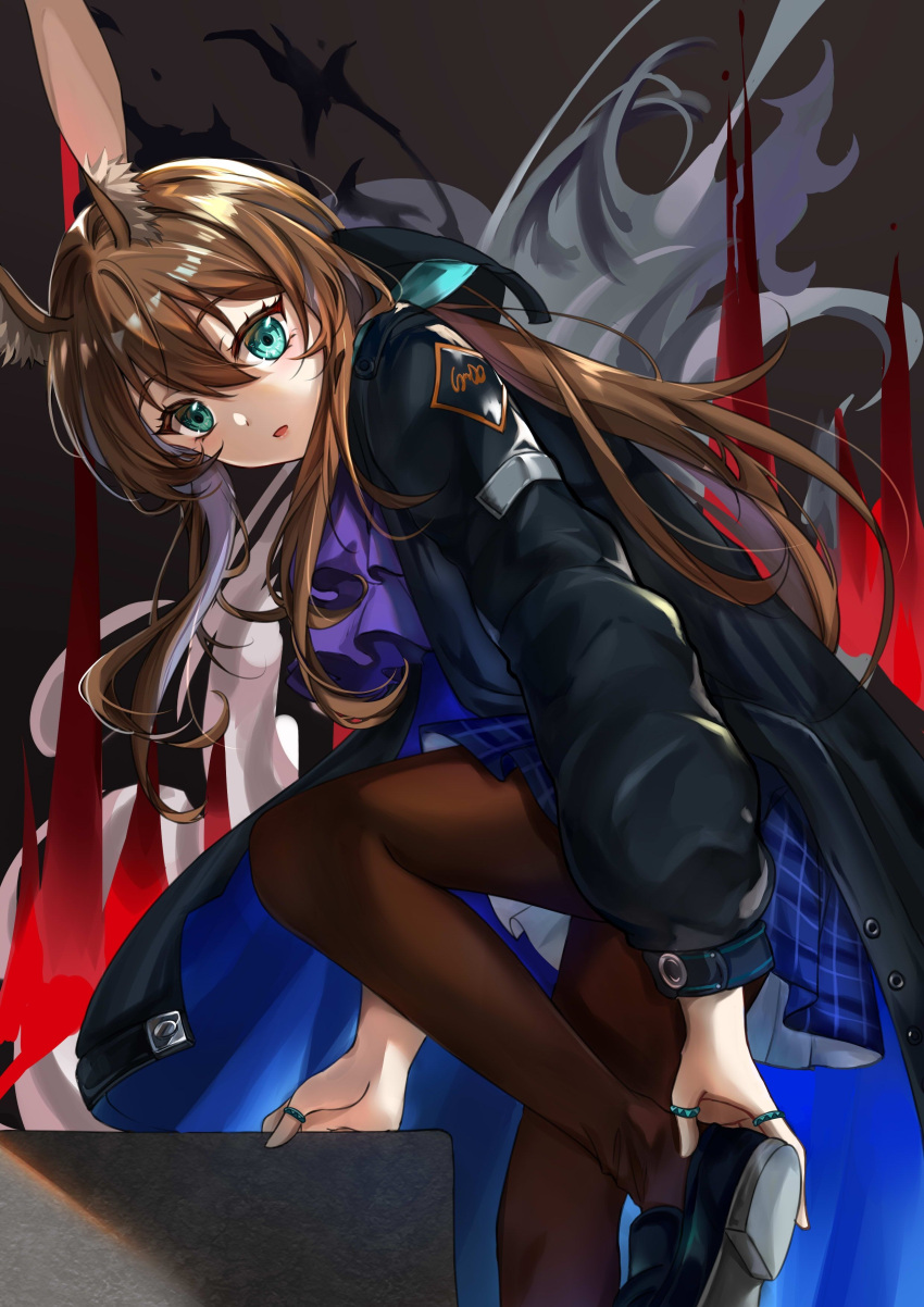 1girl absurdres amiya_(arknights) animal_ears arknights ascot bangs black_footwear black_jacket black_legwear blue_eyes blue_skirt brown_hair chinese_commentary commentary_request highres holding_own_foot jacket jewelry leg_up long_hair multiple_rings open_clothes open_jacket open_mouth pantyhose pleated_skirt purple_neckwear rabbit_ears ring shoes sidelocks skirt solo thumb_ring xuan_xuan_xuan_za
