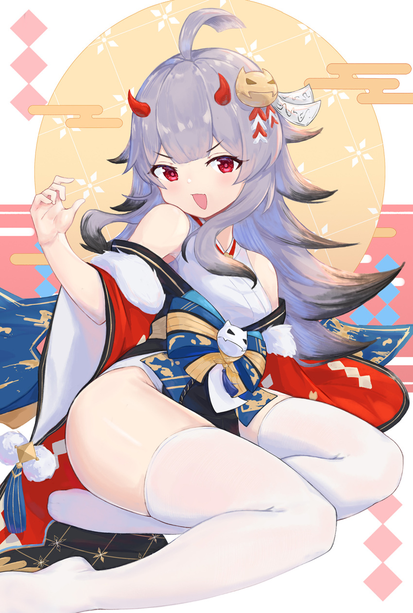 1girl azur_lane blue_bow bow grey_hair half_mask hibiki_(azur_lane) hibiki_(new_year's_little_imp)_(azur_lane) highres horns long_hair looking_at_viewer mask nrdenchi off-shoulder_kimono official_alternate_costume open_mouth red_eyes red_horns red_sleeves solo thigh-highs white_legwear wide_sleeves