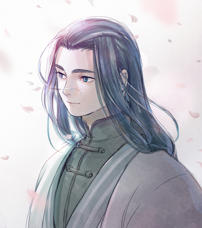 1boy blue_eyes blue_hair chinese_clothes highres long_hair male_focus micho petals shadow smile solo the_legend_of_luo_xiaohei upper_body wuxian_(the_legend_of_luoxiaohei)