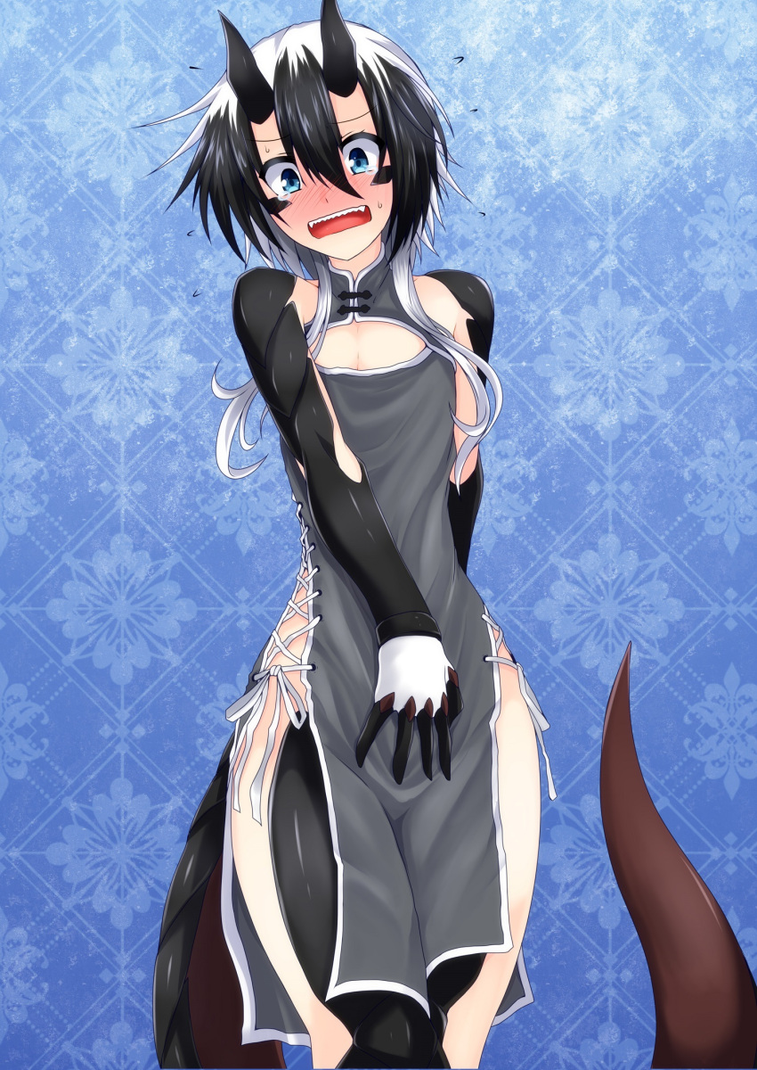 1boy bangs black_dress black_hair blue_background blue_eyes blush claws cowboy_shot dragon_boy dragon_horns dragon_tail dress g_(genesis1556) gradient gradient_background hair_between_eyes highres horns looking_at_viewer multicolored_hair no_panties open_mouth original otoko_no_ko rio_(g_(genesis1556)) short_hair_with_long_locks sideless_outfit solo standing tail two-tone_hair white_hair