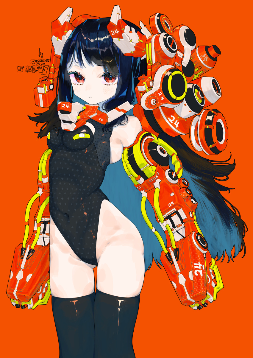 1girl absurdres bad_anatomy bangs black_hair black_legwear black_leotard blue_hair colored_inner_hair cowboy_shot highleg highleg_leotard highres leotard looking_at_viewer machine multicolored_hair muzinneki original red_background red_eyes simple_background solo thigh-highs