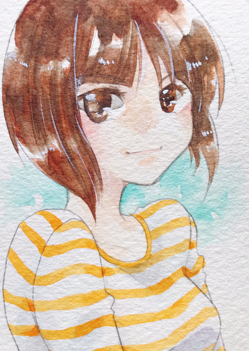 1girl air.h bangs bob_cut breasts brown_eyes brown_hair closed_mouth green_background hair_strand highres light_smile looking_at_viewer medium_breasts painting_(medium) shirt short_hair solo striped striped_shirt tendou_nabiki traditional_media two-tone_shirt upper_body watercolor_(medium) white_background white_shirt yellow_shirt