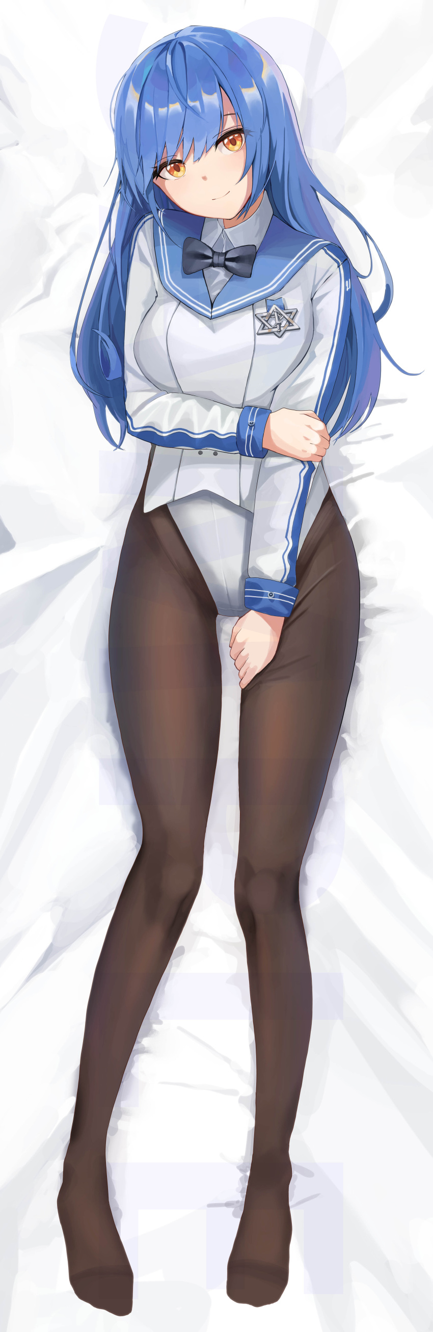 1girl absurdres black_legwear blue_hair bow bowtie breasts cardigan closed_mouth eyebrows_visible_through_hair girls_frontline hexagram highres long_hair looking_at_viewer lying nighttsound no_shoes on_back on_bed orange_eyes pantyhose shirt simple_background smile solo star_of_david tar-21_(girls_frontline) white_shirt