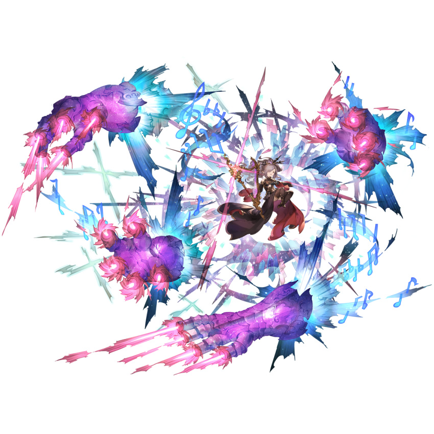 1girl beamed_eighth_notes detached_sleeves dress eighth_note firing full_body granblue_fantasy hair_ornament hair_over_one_eye hair_stick harvin holding holding_instrument instrument laser long_dress long_hair looking_at_viewer mechanical_hands musical_note niyon_(granblue_fantasy) official_art open_mouth purple_hair quarter_note solo thigh-highs transparent_background treble_clef violet_eyes wide_sleeves