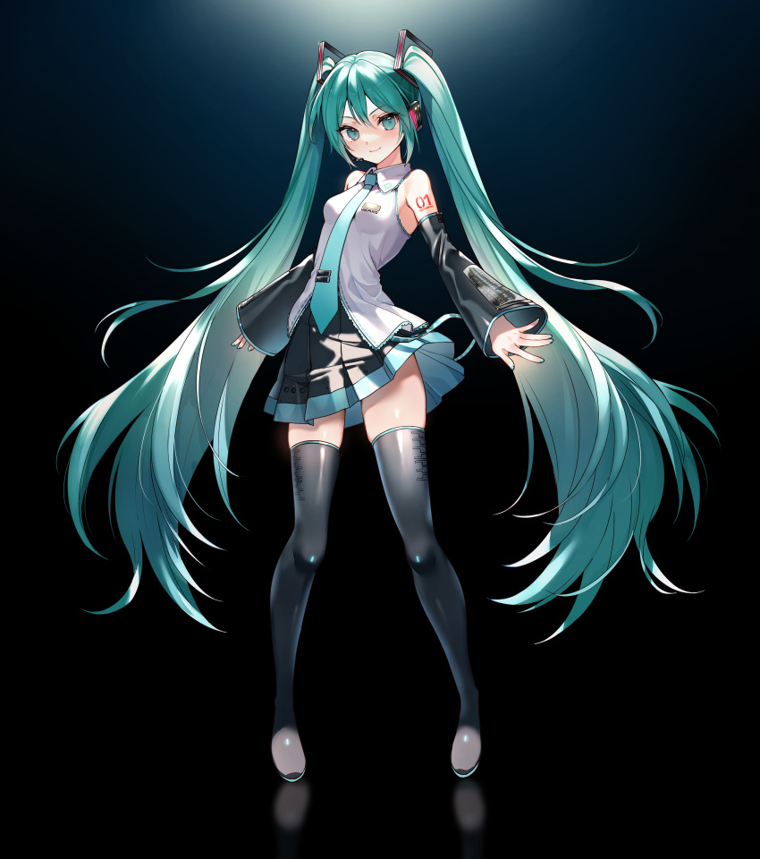 1girl absurdres aqua_eyes aqua_hair aqua_neckwear black_background black_legwear black_skirt closed_mouth commentary_request detached_sleeves full_body hatsune_miku headset highres long_hair looking_at_viewer necktie nishizawa pleated_skirt skirt smile solo standing thigh-highs twintails very_long_hair vocaloid vocaloid_boxart_pose zettai_ryouiki