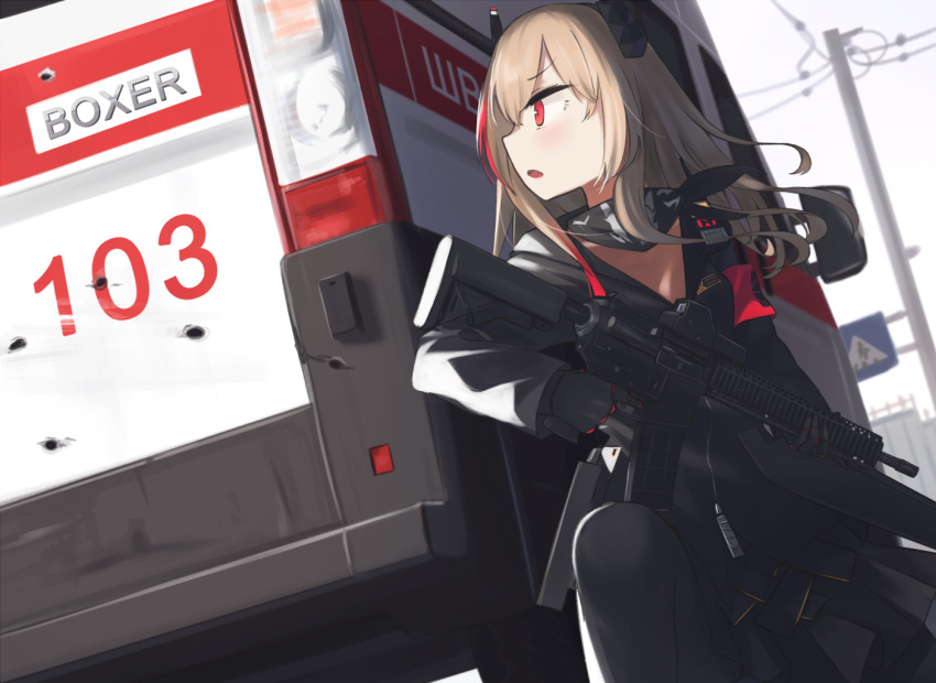 1girl :o ambulance black_gloves black_jacket black_legwear black_scarf black_skirt blonde_hair car eyebrows_visible_through_hair girls_frontline gloves ground_vehicle hair_ornament hinami047 holding holding_weapon jacket long_hair looking_away looking_up m4_sopmod_ii m4_sopmod_ii_(girls'_frontline) motor_vehicle multicolored_hair open_mouth pantyhose red_eyes russia scarf scenery sitting skirt solo weapon
