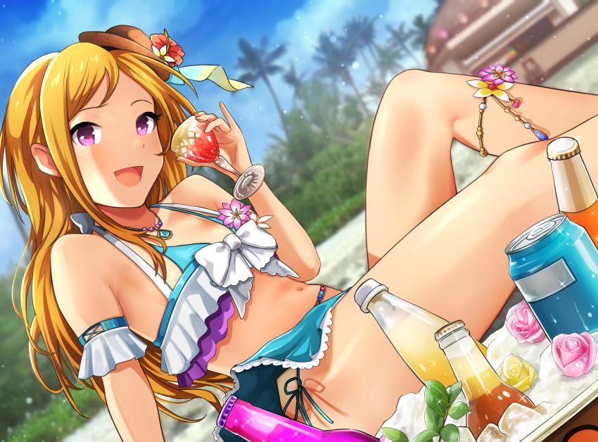 1girl :d anklet arm_support armband bangs bare_shoulders beach beads bikini bikini_skirt blue_skirt blue_sky bow bow_bikini bow_swimsuit breasts bush can cup drinking_glass flower glass_bottle halterneck hanamasa_ono hat hibiscus highres ice idolmaster idolmaster_million_live! jewelry knee_up light_blush light_particles long_hair looking_at_viewer mini_hat momose_rio navel open_mouth orange_hair palm_tree pink_flower pink_rose red_flower rose side-tie_bikini sitting skirt sky small_breasts smile solo swimsuit tree tropical_drink two-tone_bikini two-tone_swimsuit violet_eyes white_bow yellow_flower yellow_rose