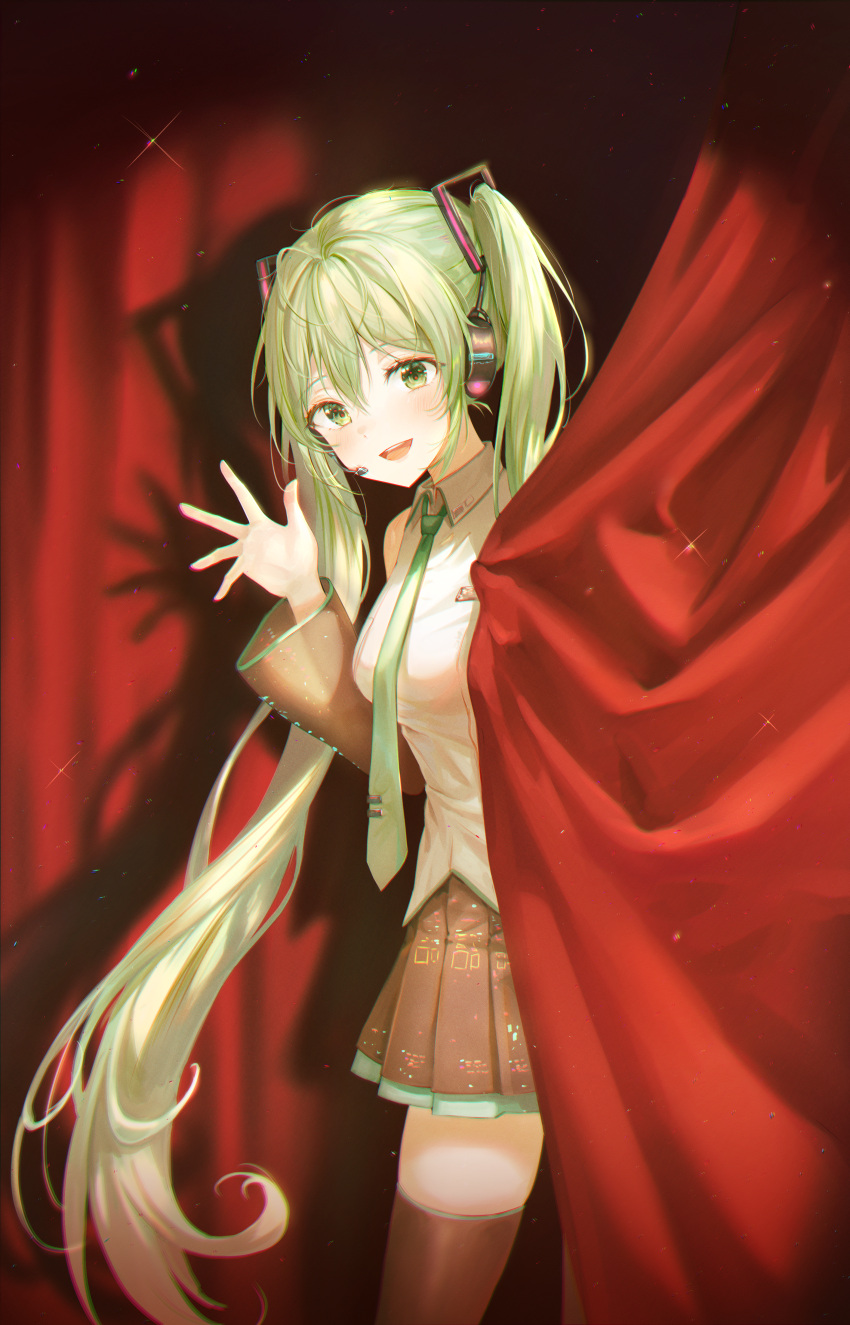 1girl absurdres bangs bare_shoulders black_skirt black_sleeves blush breasts collared_shirt commentary_request curtain_grab curtains detached_sleeves green_eyes green_hair green_neckwear grey_shirt hair_ornament hand_up hatsune_miku headphones highres huge_filesize indoors long_hair looking_at_viewer medium_breasts necktie open_mouth shirt skindentation skirt smile solo thigh-highs tokkyu twintails very_long_hair vocaloid waving zettai_ryouiki