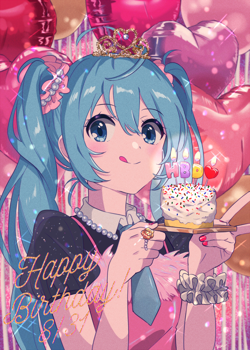 1girl :q ahoge balloon black_shirt blue_eyes blue_hair blue_neckwear closed_mouth collared_shirt commentary dated dress food hands_up happy_birthday hatsune_miku heart_balloon highres kise_(swimmt) long_hair nail_polish necktie pink_dress puffy_short_sleeves puffy_sleeves red_nails shirt short_necktie short_sleeves sleeveless sleeveless_dress smile solo tiara tongue tongue_out twintails upper_body vocaloid wrist_cuffs