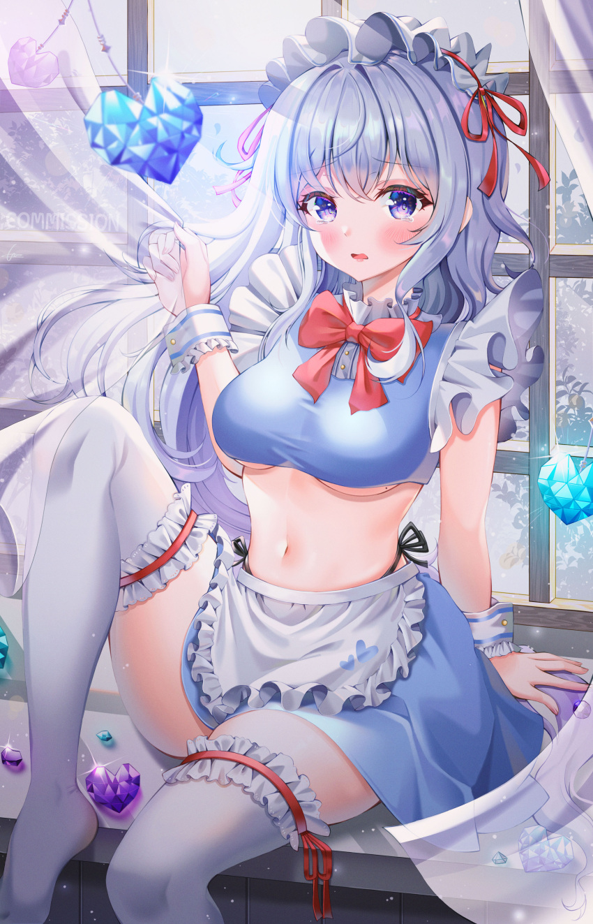 1girl absurdres apron blue_shirt blue_skirt breasts crop_top crystal curtains frilled_legwear frilled_shirt frills hand_up heart highres knee_up long_hair looking_at_viewer maid maid_apron maid_headdress maplestory medium_breasts midriff miniskirt navel no_shoes parted_lips revealing_clothes shirt silver_hair sitting skirt sleeveless sleeveless_shirt solo stomach taut_clothes taut_shirt thigh-highs under_boob violet_eyes waist_apron white_legwear window wol_(wol_927) wrist_cuffs