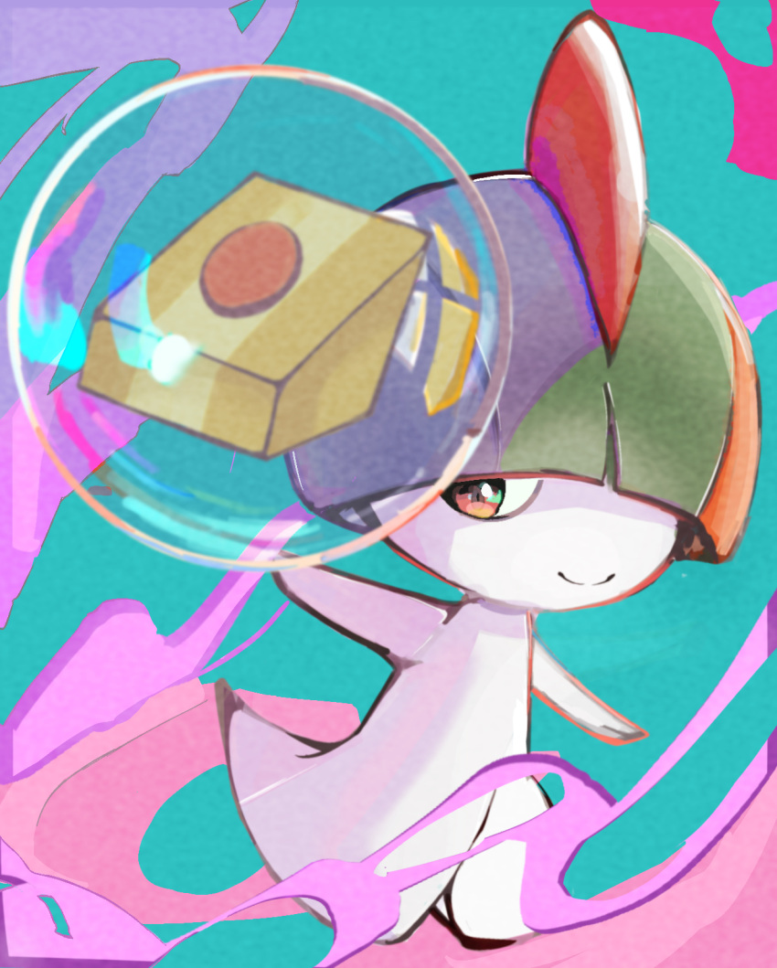 bubble closed_mouth colored_skin commentary_request gen_3_pokemon highres looking_to_the_side madarame_1 no_humans orange_eyes outstretched_arms pokemon pokemon_(creature) ralts smile solo white_skin
