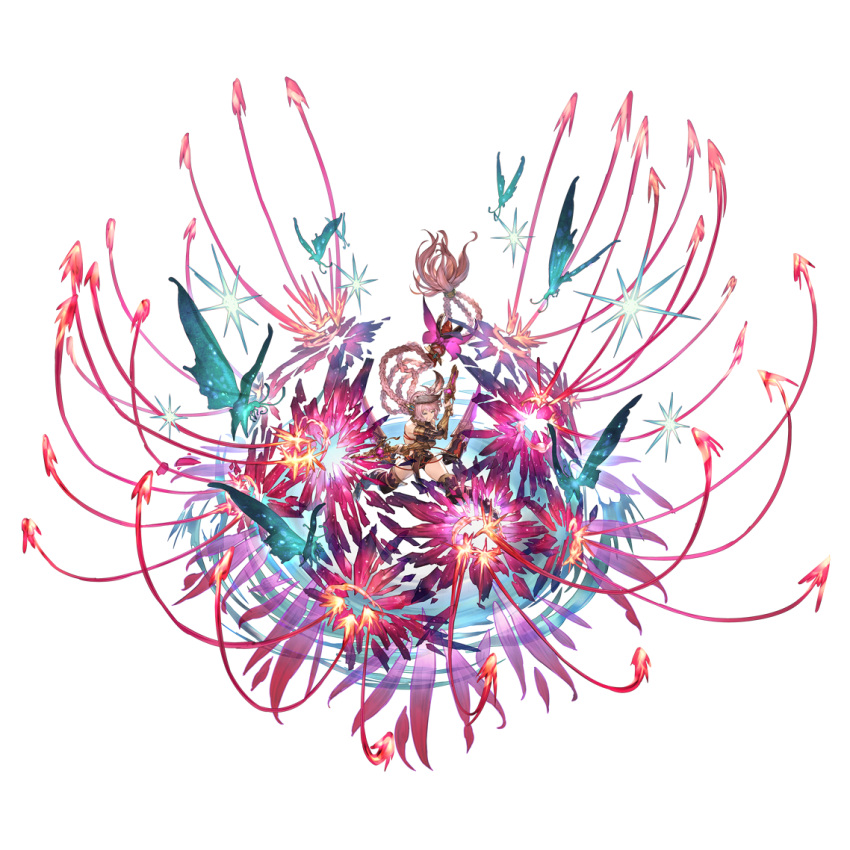 1girl absurdly_long_hair animal_ears bow braid bullet detached_sleeves dual_wielding erune firing full_body granblue_fantasy greaves gun hair_bow handgun holding holster leotard long_hair pink_bow pink_hair quad_braids solo tien_(granblue_fantasy) transparent_background very_long_hair weapon