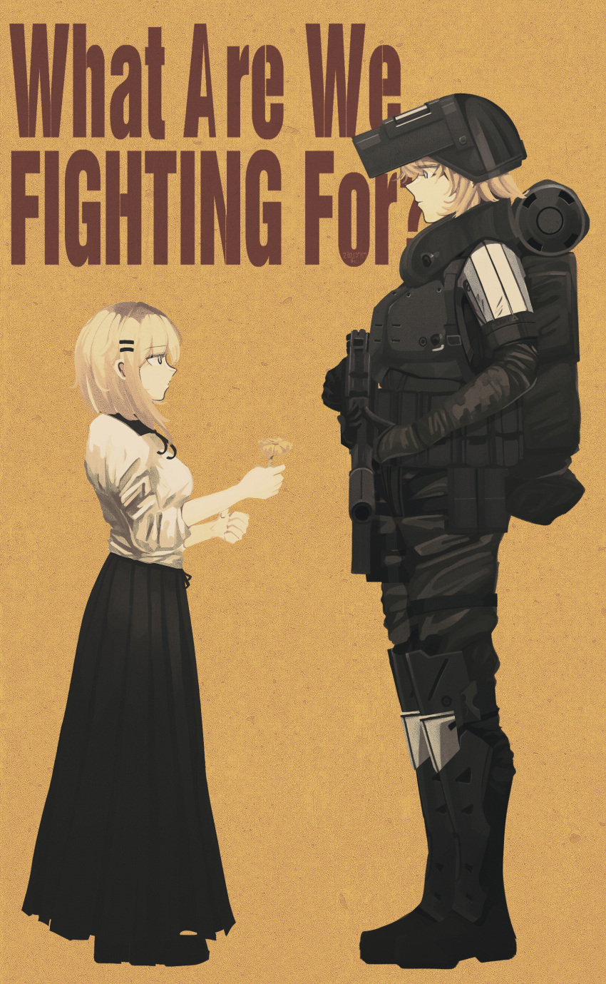 2girls absurdres armor armored_boots backpack bag black_footwear black_skirt blonde_hair blue_eyes boots breasts closed_mouth english_text eyebrows_visible_through_hair flower from_side girls_frontline hair_ornament hairclip helmet highres holding holding_flower holding_weapon kanoe_(kanoe502) kcco_(girls_frontline) long_hair looking_at_another military military_uniform multiple_girls original poster_(medium) shirt skirt uniform weapon white_shirt yellow_background