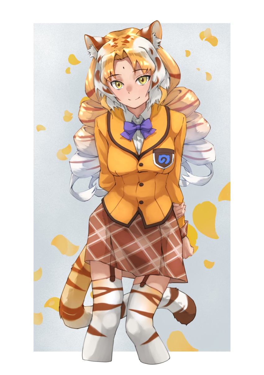 1girl absurdres animal_ears animal_print arm_behind_back blonde_hair blue_neckwear bow bowtie collared_shirt commentary_request cowboy_shot curly_hair drill_hair eyebrows_visible_through_hair forehead garter_straps golden_tabby_tiger_(kemono_friends) highres jacket japari_symbol kemono_friends long_hair long_sleeves looking_at_viewer plaid plaid_skirt plaid_trim pleated_skirt print_legwear shirt skirt solo tail tanabe_(fueisei) thigh-highs tiger_ears tiger_girl tiger_print tiger_tail twin_drills white_hair white_shirt yellow_eyes yellow_jacket yellow_skirt zettai_ryouiki
