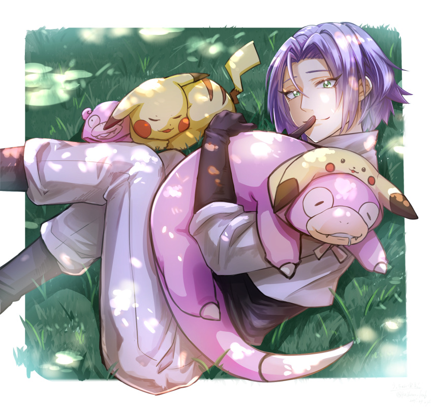 1boy gen_1_pokemon highres james_(pokemon) pikachu pokemon pokemon_(anime) pokemon_(creature) sleeping slowpoke team_rocket