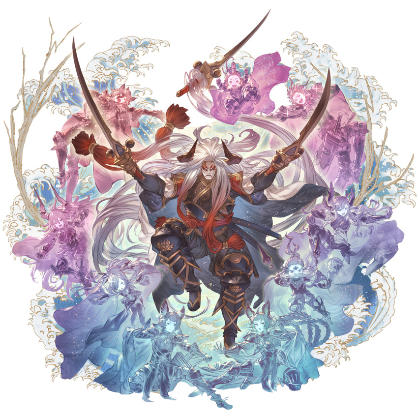 5boys 5girls absurdly_long_hair anre_(granblue_fantasy) armor cape draph eahta_(granblue_fantasy) erune facepaint feower_(granblue_fantasy) fif_(granblue_fantasy) full_body gloves granblue_fantasy harvin headband horns katana long_hair long_sleeves makeup multiple_boys multiple_girls niyon_(granblue_fantasy) official_art open_mouth outstretched_arms pose prehensile_hair sandals seofon_(granblue_fantasy) seox_(granblue_fantasy) sheath solo solo_focus sparkle sword threo_(granblue_fantasy) tien_(granblue_fantasy) transparent_background tweyen_(granblue_fantasy) very_long_hair water waves weapon