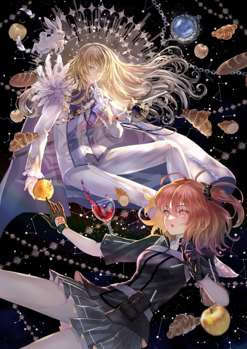 1boy 1girl ahoge alcohol animal apple bangs black_background black_gloves black_jacket black_scrunchie blonde_hair bread breasts cape chain closed_mouth command_spell commentary_request constellation cup drinking_glass eyebrows_visible_through_hair fate/grand_order fate_(series) feather_trim finger_to_mouth floating floating_hair floating_object food frilled_sleeves frills fruit fujimaru_ritsuka_(female) gloves golden_apple grey_skirt hair_between_eyes hair_ornament hair_scrunchie highres index_finger_raised jacket kirschtaria_wodime long_hair long_sleeves looking_at_viewer looking_away medium_breasts miniskirt natsujiru open_mouth orange_hair pants pleated_skirt polar_chaldea_uniform ponytail rabbit scrunchie short_hair short_sleeves side_ponytail signature skirt smile staff star_(sky) uniform very_long_hair violet_eyes white_cape white_gloves white_jacket white_pants wine wine_glass yellow_eyes
