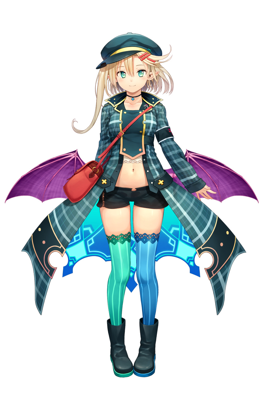 1girl absurdres artist_request bag black_footwear black_legwear blonde_hair blue_legwear demon_wings eyebrows_visible_through_hair green_eyes green_legwear hair_ornament hairclip hat highres hoshimeguri_gakuen jewelry necklace official_art oguri_mel one_side_up short_hair smile solo tagme wings