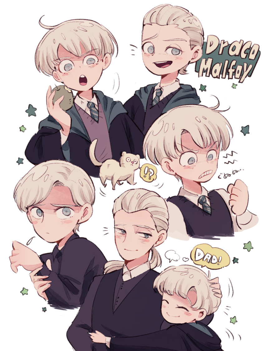 2boys amazou apple black_robe blonde_hair blue_eyes draco_malfoy father_and_son food fruit green_apple harry_potter harry_potter:_the_cursed_child harry_potter_and_the_deathly_hallows harry_potter_and_the_philosopher's_stone highres hogwarts_school_uniform long_hair multiple_boys necktie older ponytail school_uniform scorpius_malfoy short_hair slytherin striped striped_neckwear