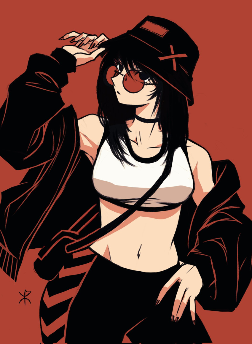 apoloniodraws backpack bag black_hair glasses hand_on_own_head hat highres looking_at_viewer original red_background stomach sweater