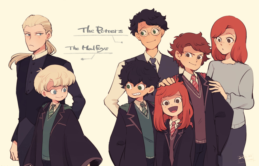 2girls 5boys albus_severus_potter amazou black_hair black_robe blonde_hair brown_hair father_and_daughter father_and_son ginny_weasley glasses gryffindor harry_james_potter harry_potter harry_potter:_the_cursed_child highres hogwarts_school_uniform james_sirius_potter lily_luna_potter long_hair mother_and_daughter mother_and_son multiple_boys multiple_girls necktie older ponytail redhead scar_on_forehead school_uniform scorpius_malfoy short_hair slytherin smile striped striped_neckwear vest