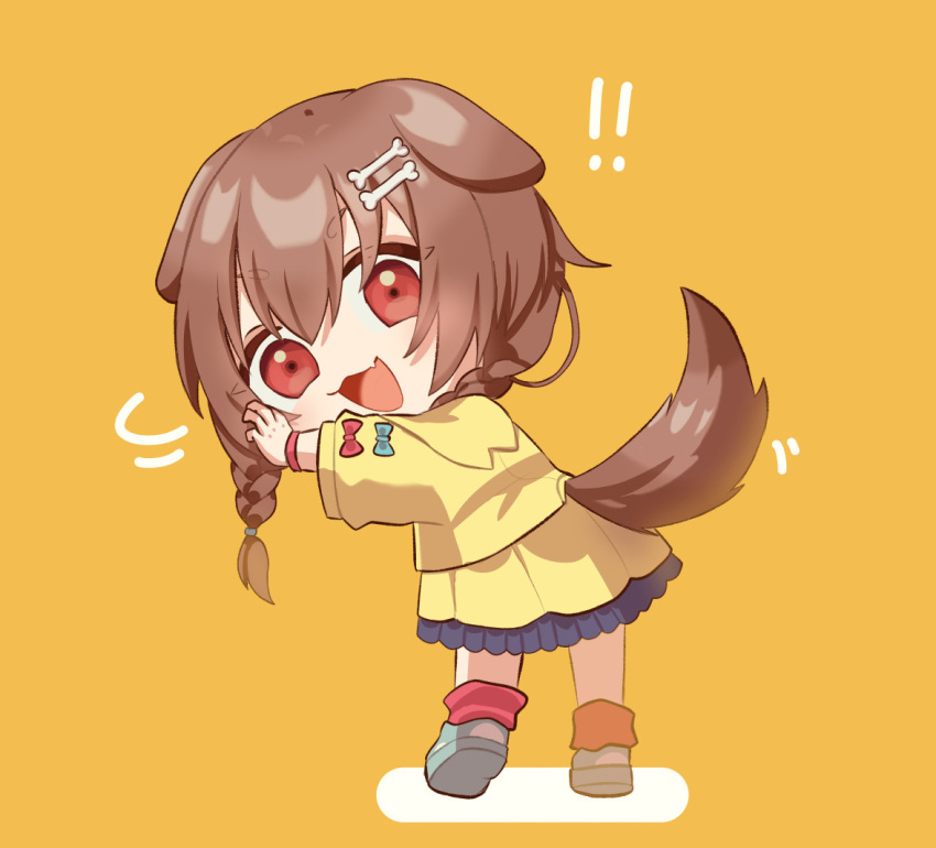 ! !! 1girl animal_ears bangs blue_bow bone_hair_ornament bow bracelet braid brown_eyes brown_hair brown_tail cartoon_bone chibi commentary dog_ears dog_girl dog_tail dress fangs hair_between_eyes hair_ornament hairclip hololive inugami_korone jacket jewelry long_hair looking_at_viewer looking_back loose_socks low_twin_braids motion_lines neko_neko_nekko open_mouth red_bow red_legwear shadow shoes short_dress side_braids smile sneakers socks solo tail twin_braids virtual_youtuber white_dress yellow_background yellow_jacket