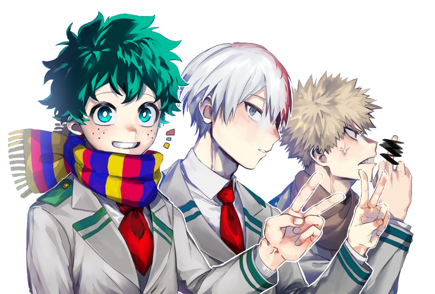 3boys anger_vein bakugou_katsuki bangs blonde_hair boku_no_hero_academia censored clenched_teeth freckles green_eyes green_hair grey_eyes grey_jacket grin hand_up highres jacket long_sleeves middle_finger midoriya_izuku multicolored multicolored_clothes multicolored_hair multicolored_scarf multiple_boys necktie notice_lines profile red_neckwear redhead scarf school_uniform short_hair simple_background smile suzumetarou teeth todoroki_shouto two-tone_hair u.a._school_uniform v white_background white_hair