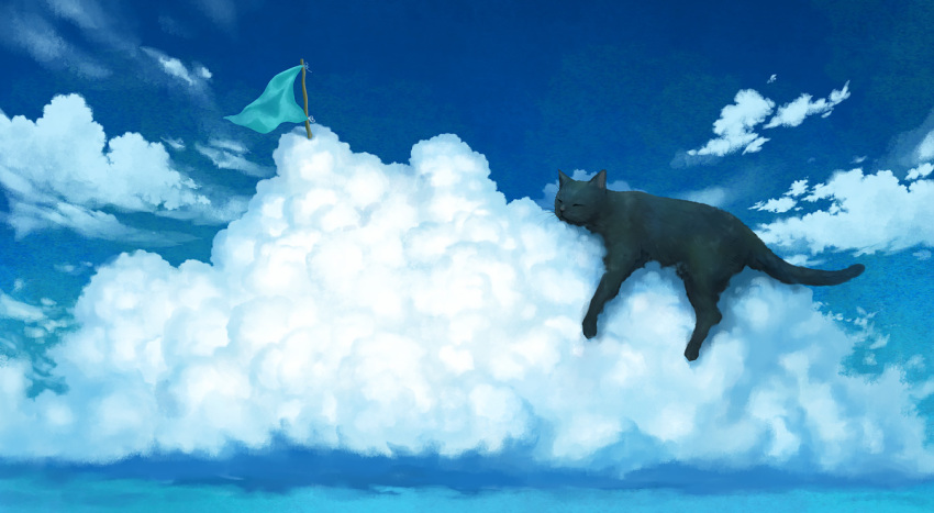 animal black_cat blue_sky blue_theme cat closed_eyes clouds cumulonimbus_cloud day flag kazami1304 no_humans original sky sleeping tagme tail whiskers