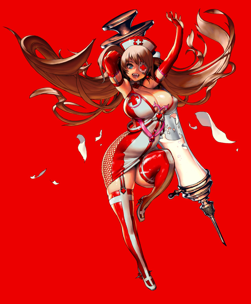 1girl arm_behind_back arms_up blue_eyes breasts brown_hair choker covered_nipples cross cross_choker dress earrings elbow_gloves eyepatch fangs frills garter_straps gloves hat heart high_heels highres holding holding_syringe jewelry kim_hyung_tae large_breasts leg_up liquid long_hair nurse nurse_cap open_mouth original oversized_object red_background red_footwear red_gloves red_legwear shiny shiny_skin simple_background single_earring skindentation solo spikes syringe teeth thigh-highs tongue twintails x
