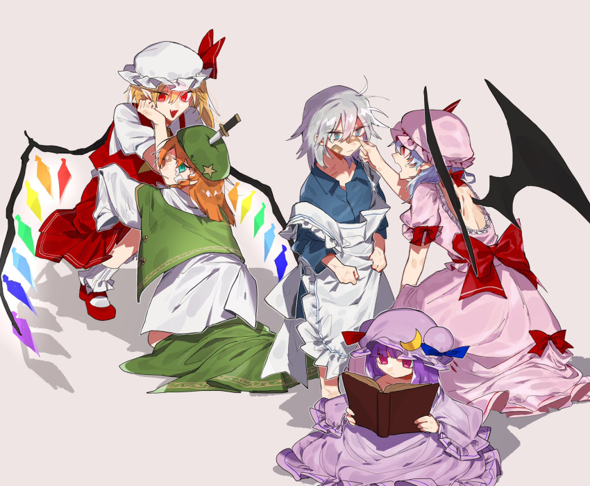 5girls bangs blonde_hair book brown_hair closed_mouth crescent crescent_hat_ornament double_bun flandre_scarlet fuuga_(perv_rsity) hat hat_ornament highres hong_meiling izayoi_sakuya knife long_hair long_sleeves looking_at_viewer mob_cap multiple_girls open_book open_mouth patchouli_knowledge purple_hair reading red_eyes remilia_scarlet short_sleeves sitting smile standing touhou