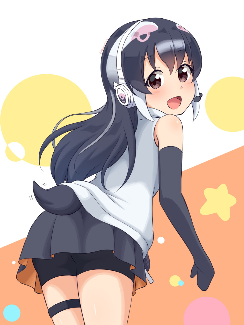 1girl absurdres african_penguin_(kemono_friends) bare_shoulders bent_over bike_shorts black_gloves black_hair black_shorts black_skirt commentary_request cowboy_shot elbow_gloves eyebrows_visible_through_hair gloves headphones highres hood hoodie kemono_friends kemono_friends_v_project long_hair looking_at_viewer looking_back microphone multicolored_hair official_alternate_costume open_mouth penguin_girl penguin_tail pink_hair pleated_skirt shiraha_maru shorts skirt sleeveless smile solo tail thigh_strap virtual_youtuber white_hair white_hoodie