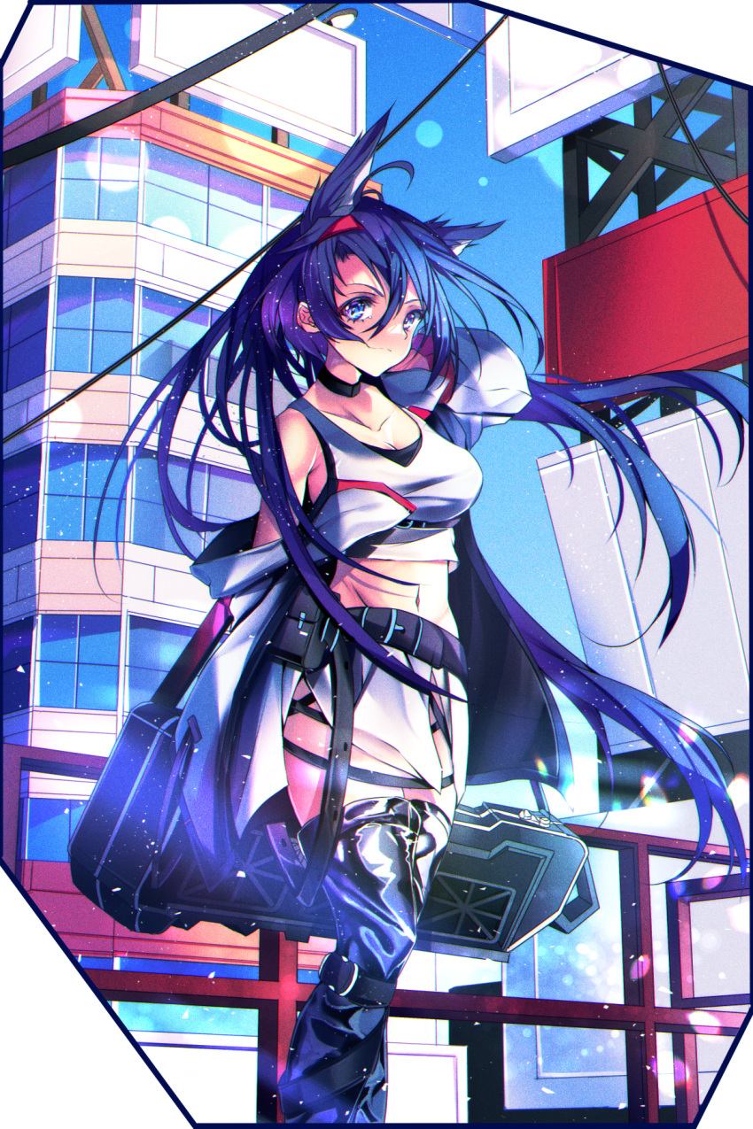 1girl absurdly_long_hair animal_ears arknights bag bare_shoulders belt black_choker black_legwear blaze_(arknights) blue_eyes blue_hair blue_sky blurry bokeh boots breasts building cat_ears choker collarbone commentary depth_of_field english_commentary extra_ears feet_out_of_frame groin hair_between_eyes headband highres holding holding_bag long_hair midriff multicolored_hair navel pouch purple_hair railing red_headband skirt sky solo streaked_hair sunlight tank_top the0neulost thigh-highs thigh_boots two-tone_hair very_long_hair