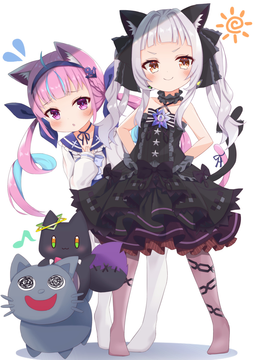 2girls :o absurdres ahoge anchor_hair_ornament animal_ear_fluff animal_ears bangs black_bow black_dress black_ribbon blue_choker blue_hair blue_hairband blue_sailor_collar blunt_bangs blush bow brown_eyes brown_legwear cat_ears cat_girl cat_tail choker closed_mouth collarbone colored_inner_hair commentary_request divergenceok dress drill_hair eyebrows_visible_through_hair flying_sweatdrops frilled_bow frilled_choker frilled_ribbon frilled_sailor_collar frills full_body hair_ornament hair_ribbon hairband halter_dress halterneck highres hololive long_hair long_sleeves looking_at_viewer minato_aqua multicolored_hair multiple_girls murasaki_shion musical_note neko_(minato_aqua) no_shoes pantyhose parted_lips pink_hair puffy_long_sleeves puffy_sleeves ribbon sailor_collar shiokko_(murasaki_shion) shirt short_eyebrows sidelocks silver_hair simple_background sleeves_past_fingers sleeves_past_wrists smile standing tail tail_bow tail_ornament twin_drills twintails violet_eyes virtual_youtuber white_background white_legwear white_shirt younger