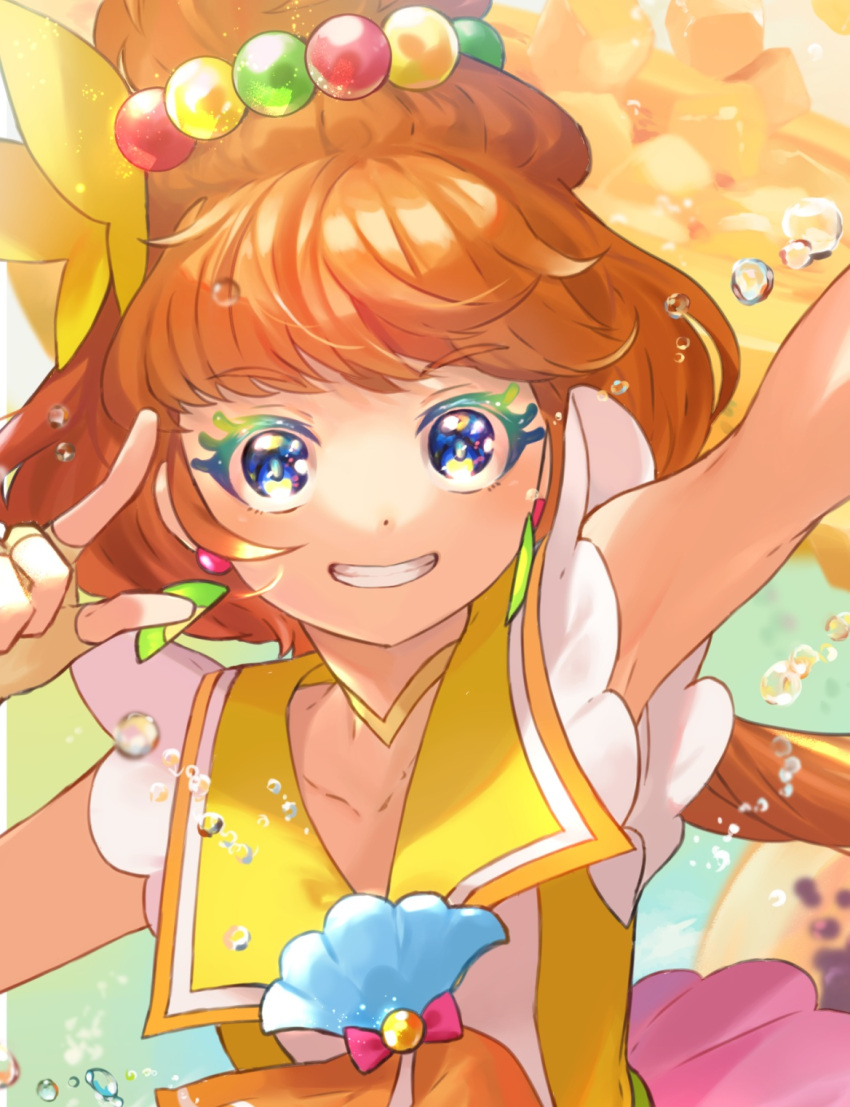 1girl armpits blue_eyes brown_hair choker collarbone cure_papaya earrings fingerless_gloves gloves grin hair_ornament highres index_finger_raised jewelry long_hair looking_at_viewer makeup mascara n-bata precure sailor_collar shiny shiny_hair sleeveless smile solo tropical-rouge!_precure upper_body yellow_choker yellow_gloves yellow_sailor_collar