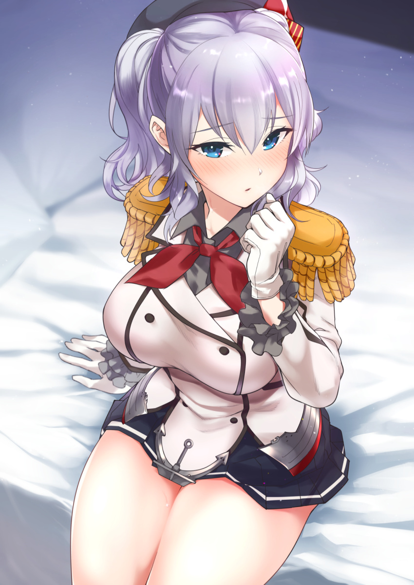1girl bangs bed beret blue_eyes blush breasts epaulettes eyebrows_visible_through_hair frills gloves grey_headwear hair_between_eyes hat highres kantai_collection kashima_(kancolle) large_breasts long_hair military military_uniform miniskirt nose_blush on_bed parted_lips pleated_skirt rampage_2nd red_neckwear silver_hair sitting skirt solo twintails uniform wavy_hair white_gloves