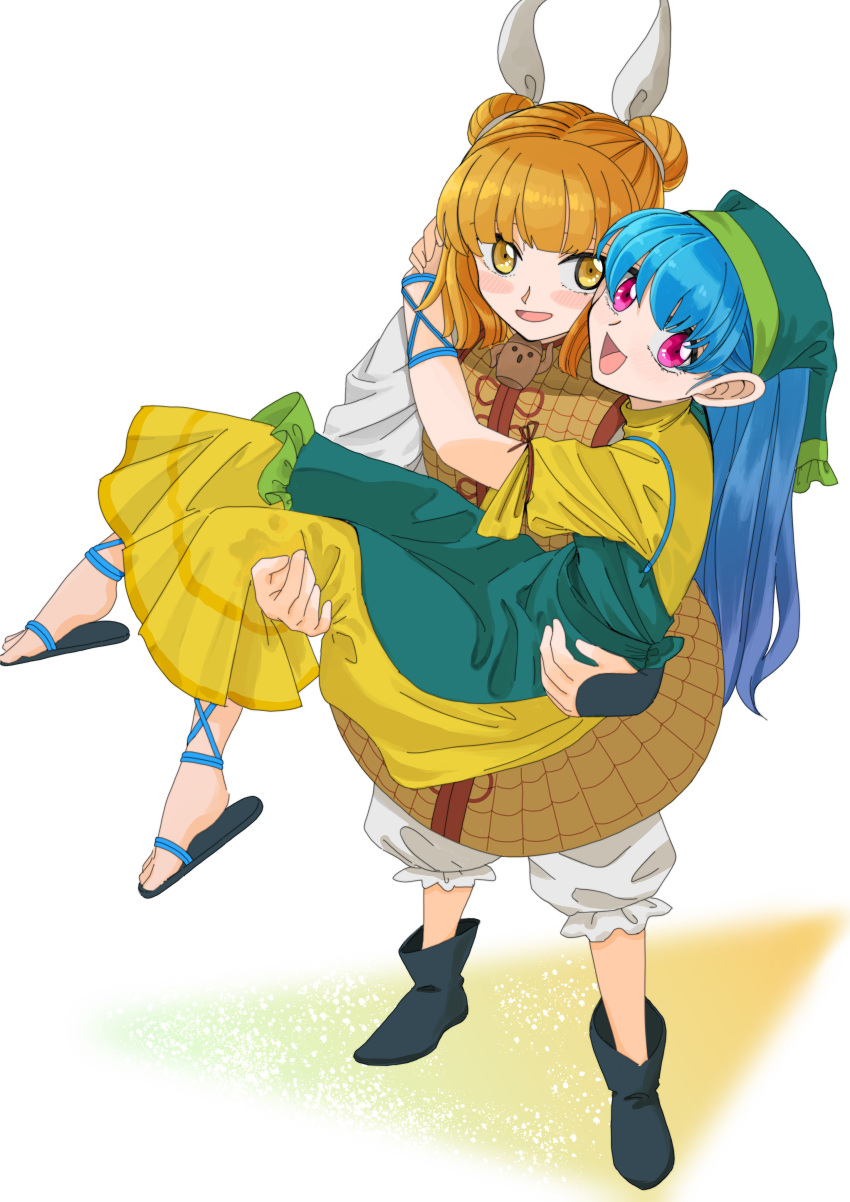 2girls absurdres apron arm_ribbon bangs black_footwear blonde_hair blue_hair blue_ribbon blush boots bow double_bun dress dress_bow eyebrows_visible_through_hair green_apron green_headwear green_scarf hair_between_eyes hair_ribbon hands_up haniwa_(statue) haniyasushin_keiki highres joutouguu_mayumi leg_ribbon long_hair looking_at_another looking_at_viewer multiple_girls open_mouth pants pink_eyes puffy_short_sleeves puffy_sleeves red_bow ribbon sandals scarf shirt short_hair short_sleeves simple_background sitting sitting_on_person smile standing staygold touhou white_background white_pants white_ribbon white_shirt yellow_dress yellow_eyes yuri