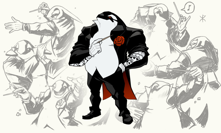 absurdres apoloniodraws black_suit conductor flower highres music orca orchestra original personification red_eyes red_flower