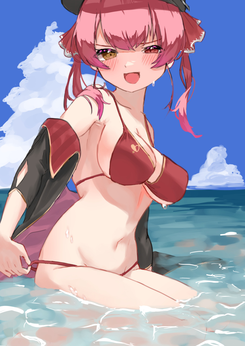 1girl absurdres armpit_crease arrow_through_heart baseball_cap bikini black_headwear black_jacket blue_sky blush breasts clouds cloudy_sky commentary day hair_ribbon hat heterochromia highres hololive houshou_marine jacket looking_at_viewer medium_breasts medium_hair navel ocean off_shoulder official_alternate_costume open_clothes open_jacket open_mouth outdoors partially_submerged red_bikini red_eyes red_ribbon redhead ribbon sideboob sitting sky solo stomach strap_pull string_bikini swimsuit takeno_omoti twintails virtual_youtuber wet yellow_eyes