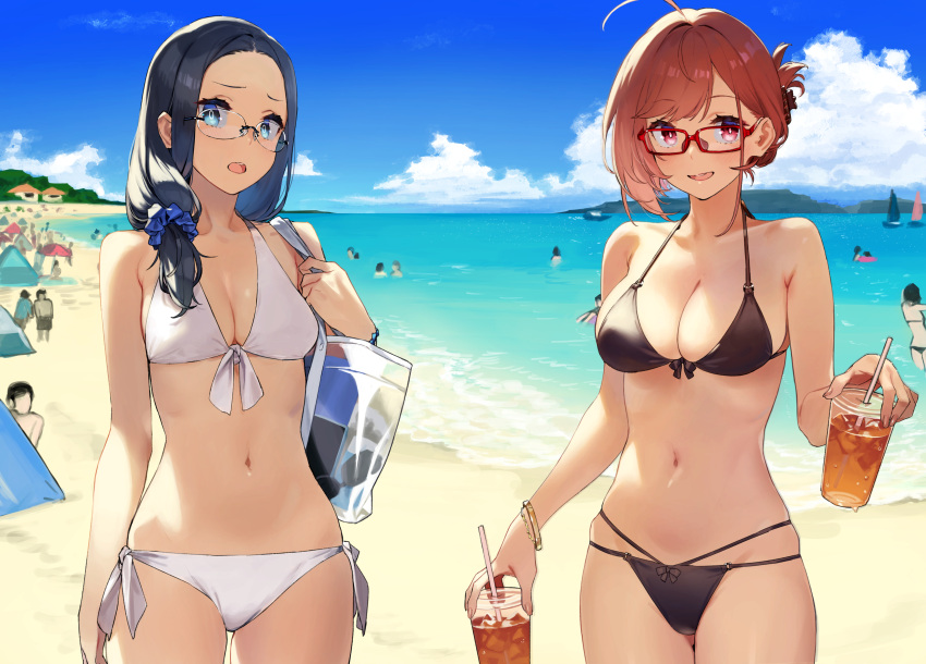 2girls 92m :d absurdres ahoge bag beach bikini black_bikini blue_sky bracelet breasts clouds commentary_request crowd cup day drink drinking_straw eyebrows_visible_through_hair folded_ponytail front-tie_bikini front-tie_top glasses highres holding holding_bag holding_cup house jewelry looking_at_viewer medium_breasts midriff multi-strapped_bikini multiple_girls navel ocean open_mouth original outdoors ponytail red-framed_eyewear red_eyes redhead sand scrunchie short_hair side_ponytail sky smile solo_focus string_bikini swimsuit tent tree vegetation white_bikini