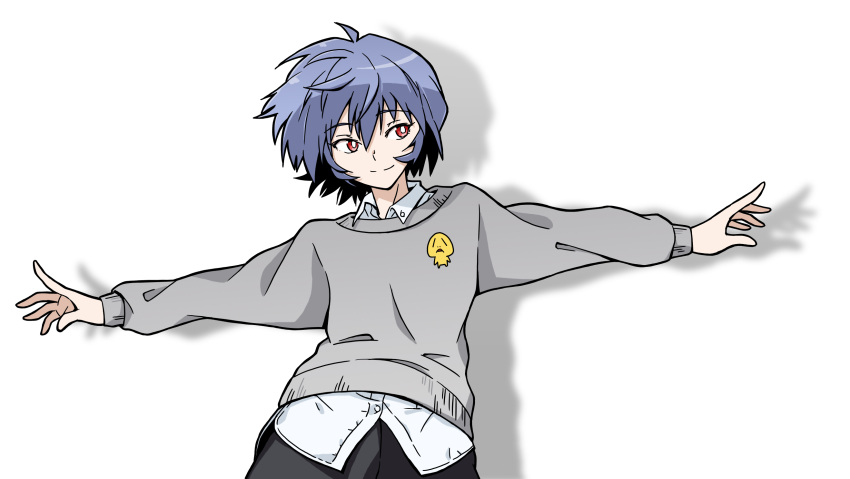 1girl ayanami_rei black_pants blue_hair commentary eyebrows_visible_through_hair grey_sweater highres looking_to_the_side neon_genesis_evangelion outstretched_arms pants red_eyes sasihmi shirt short_hair smile sweater tagme undershirt white_shirt