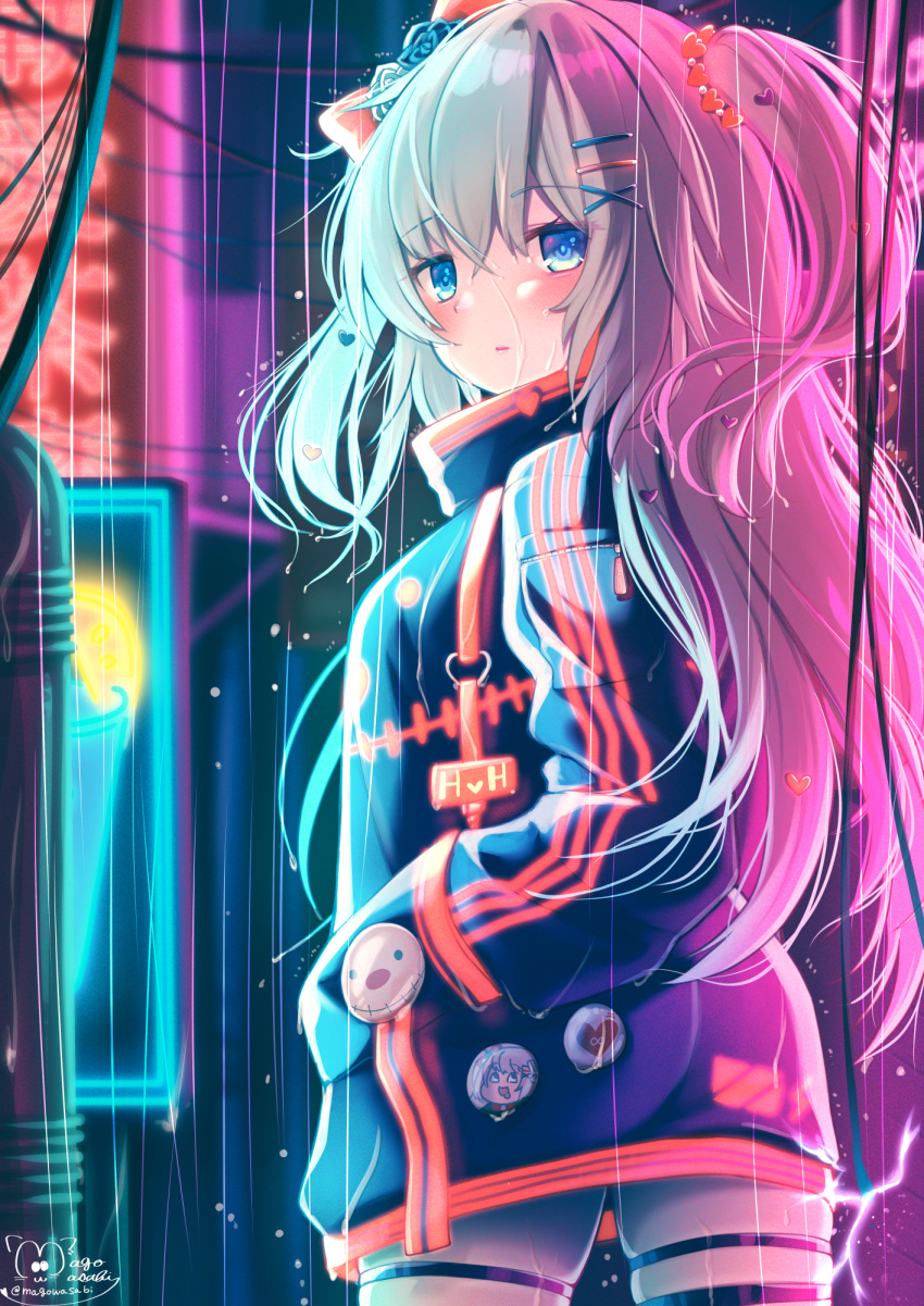 1girl akai_haato bangs black_jacket blonde_hair blue_eyes bow commentary_request cowboy_shot eyebrows_visible_through_hair from_behind hair_between_eyes hair_bow hair_ornament hairclip hand_in_pocket heart heart_hair_ornament highres hololive jacket long_hair long_sleeves looking_at_viewer looking_back magowasabi neon_lights outdoors parted_lips rain red_bow signature solo standing thigh_strap twitter_username two_side_up virtual_youtuber wet x_hair_ornament