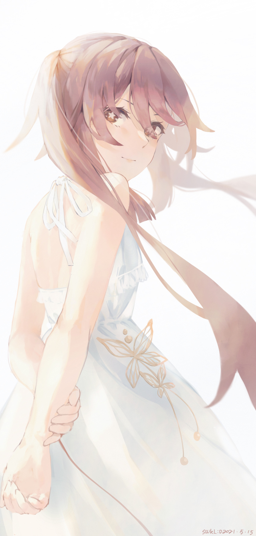 1girl 2021 absurdres arms_behind_back brown_eyes brown_hair closed_mouth dated dress floating_hair from_side genshin_impact highres hu_tao_(genshin_impact) long_hair looking_at_viewer signature simple_background sleeveless sleeveless_dress smile solo star-shaped_pupils star_(symbol) sundress swkl:d symbol-shaped_pupils twintails very_long_hair white_background white_dress