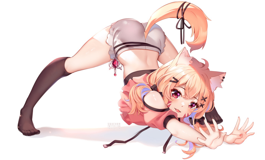 1girl ahoge animal_ears ass black_legwear blonde_hair cat_ears cat_girl cat_tail clothing_cutout commentary crop_top english_commentary facial_mark hair_ornament hairclip hands_on_ground highres indie_virtual_youtuber jack-o'_challenge kneehighs long_hair looking_at_viewer midriff no_shoes pink_shirt red_eyes shirt short_shorts shorts shoulder_cutout shyrei_faolan solo squchan tail thighs tongue tongue_out top-down_bottom-up virtual_youtuber white_shorts wide_spread_legs