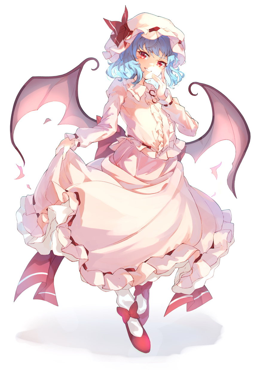 1girl absurdres bangs bat_wings blue_hair bow dress footwear_bow full_body hat hat_ribbon highres holding holding_clothes holding_dress long_sleeves looking_at_viewer mob_cap red_bow red_eyes red_footwear red_ribbon remilia_scarlet ribbon shirt short_hair simple_background skirt smile solo standing tamiku_(shisyamo609) touhou white_background white_headwear white_legwear white_shirt white_skirt wings