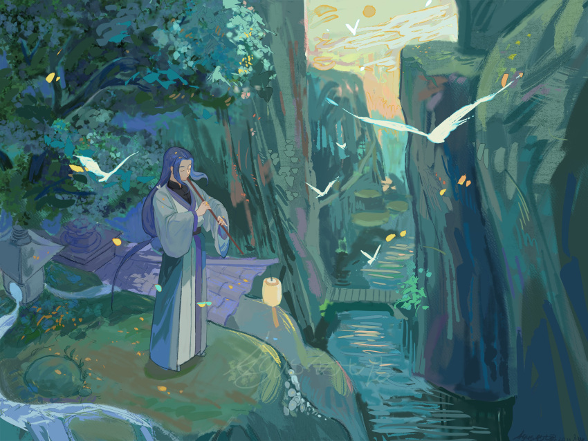 absurdres aguswqj bird blue_hair cliff closed_eyes highres instrument lantern leaf long_hair long_sleeves low-tied_long_hair music nature outdoors plant playing_instrument river the_legend_of_luo_xiaohei tree very_long_hair wide_sleeves wuxian_(the_legend_of_luoxiaohei)