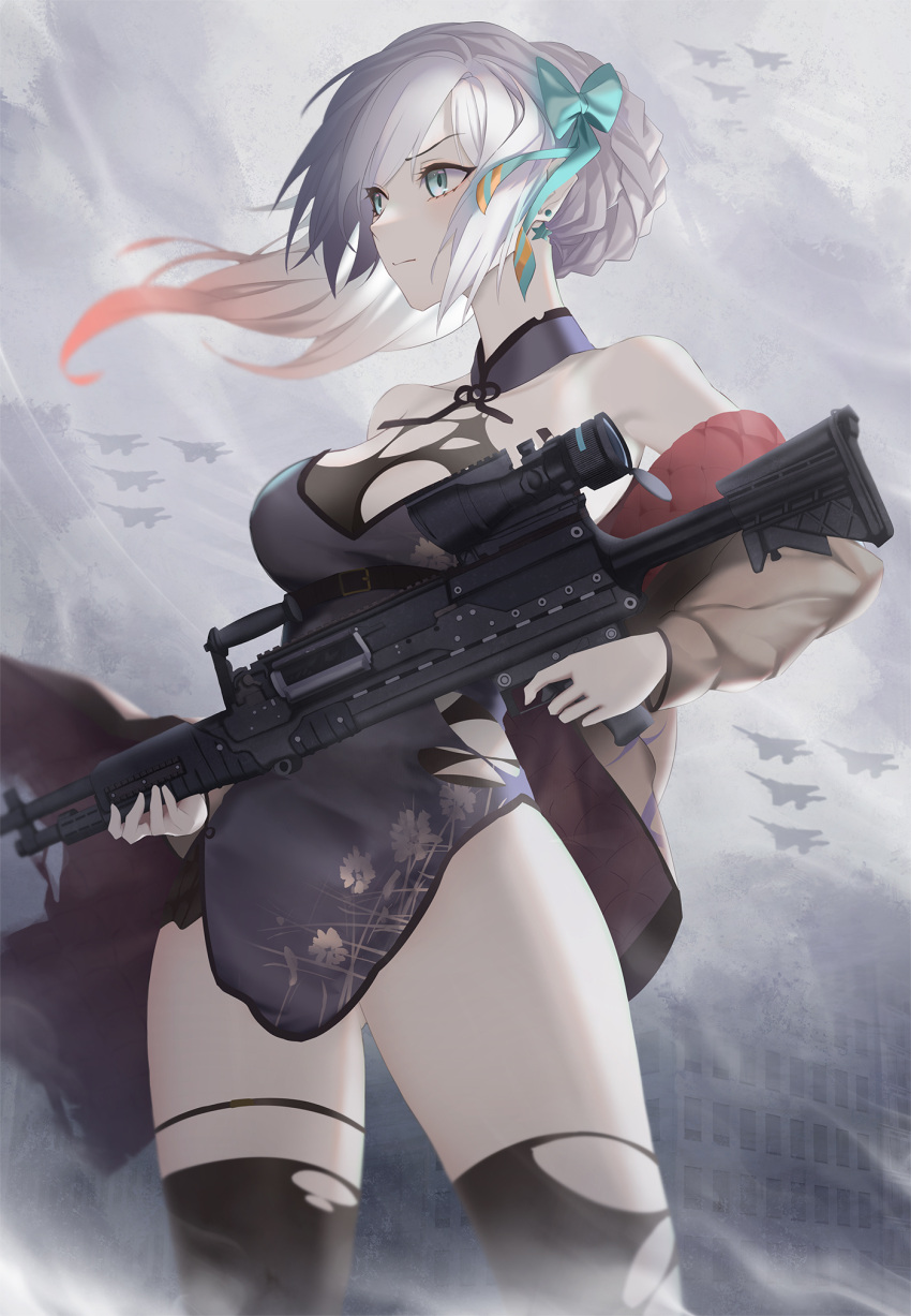 1girl aircraft aqua_bow aqua_ribbon bare_shoulders black_legwear blue_eyes bow braid breasts brown_jacket closed_mouth clouds cloudy_sky dress earrings eigo_ichii eyebrows_visible_through_hair feet_out_of_frame from_below girls_frontline gun hair_bow hair_ornament hair_ribbon highres holding holding_weapon jacket jacket_pull jewelry long_hair looking_away lwmmg_(girls_frontline) medium_breasts multicolored_hair purple_dress ribbon rifle silver_hair sky sniper_rifle sniper_scope solo standing star_(symbol) star_earrings thigh-highs torn_clothes torn_legwear weapon white_hair