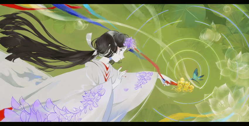 1girl black_hair copyright_request flower hands_up highres holding long_hair parted_lips profile purple_flower red_nails ribbon ripples shadow solo upper_body weirui233 white_robe