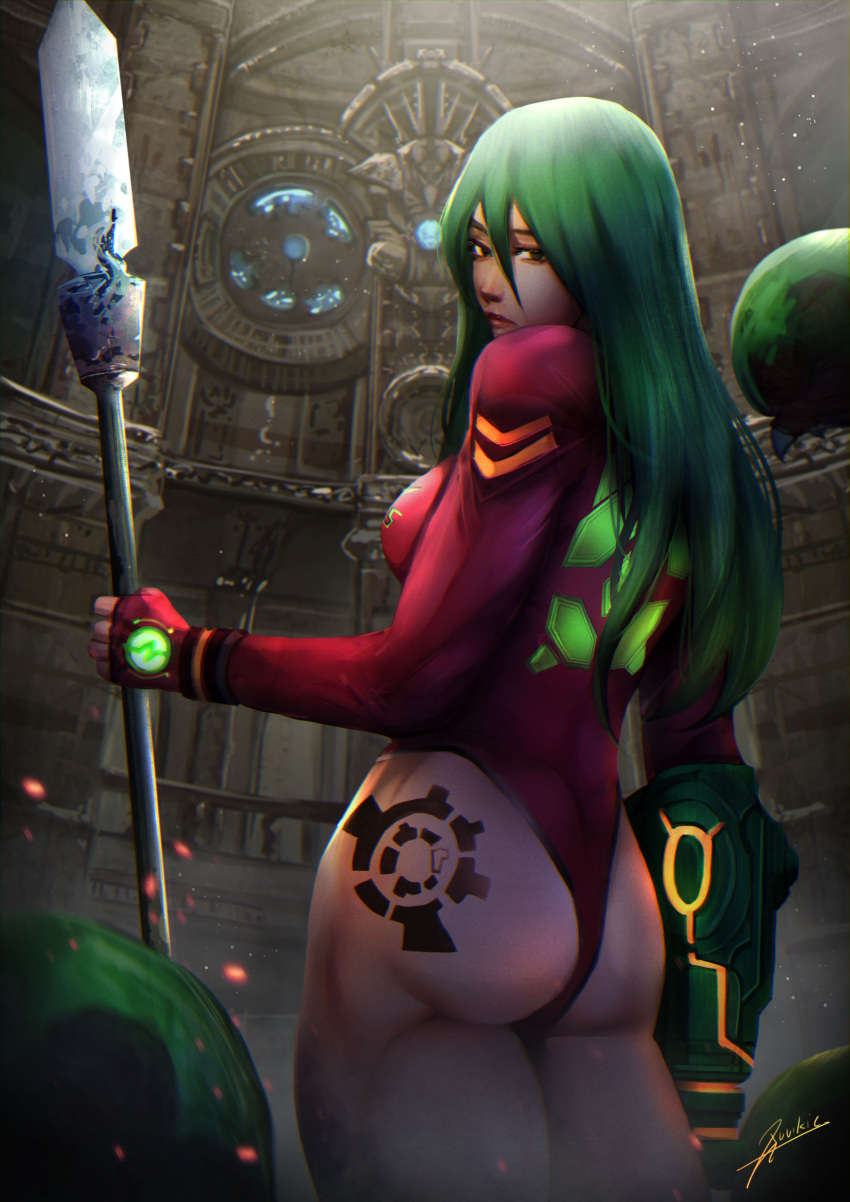 1girl absurdres alien alternate_hair_color alternate_weapon arm_cannon ass ass_tattoo breasts commentary_request dual_wielding fingerless_gloves from_behind glaive gloves green_hair hair_between_eyes highres holding holding_polearm holding_weapon justin_bailey legs_together leotard long_hair looking_back medium_breasts metroid metroid_(classic) metroid_(creature) neon_trim pink_gloves pink_leotard polearm samus_aran solo_focus standing temple thick_thighs thighs thong_leotard turning_head weapon wristband xuuikie_ashe